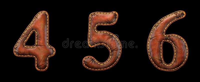 Set of numbers 4, 5, 6, made of leather. 3D render font with skin texture isolated on black background.