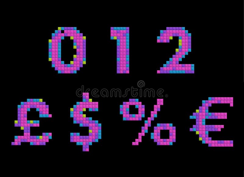 Set of numbers and symbols made of multicolored bricks, 3d illustration vector illustration