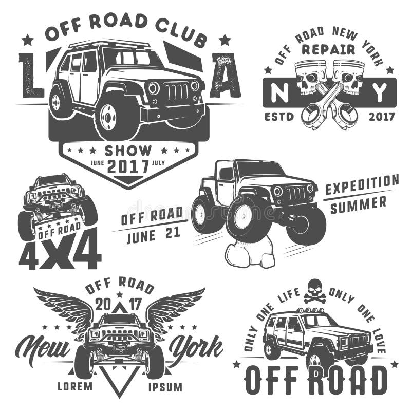 Set of Vector Emblems with 4x4 Offroad Car and Mountains Stock Vector