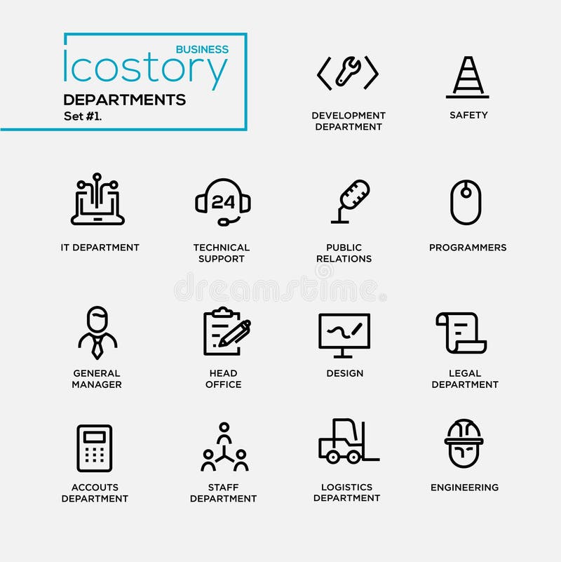 Set of office departments line flat design icons and pictograms.