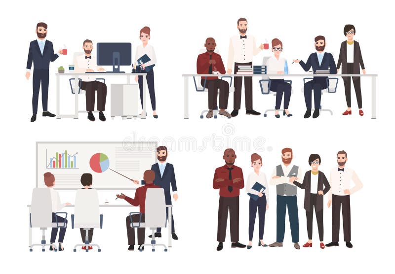 Set of office workers dressed in business clothing in different situations - working at computer, conducting negotiation vector illustration