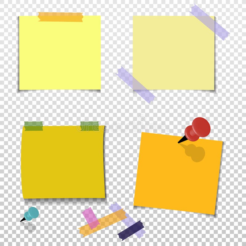 Set office Yellow paper note with sticky tape, isolated on transparent background. Template for your projects. Vector illustration stock illustration Set office Yellow paper note with sticky tape, isolated on transparent background. Template for your projects. Vector illustration stock illustration