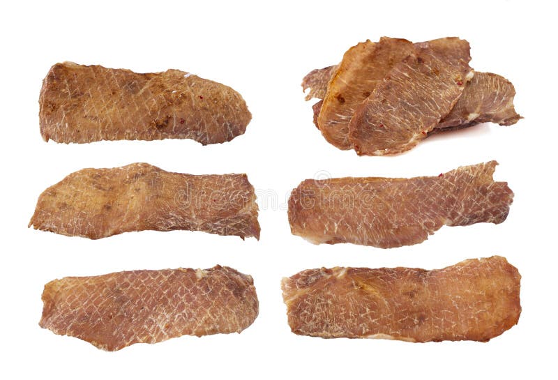 Set Og Jerky Isolate. Pieces of Cured Pork Isolated on White Background