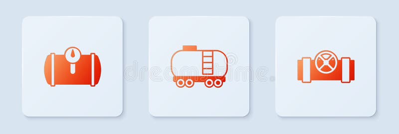 Set Oil railway cistern, Gas tank for vehicle and Metallic pipes and valve. White square button. Vector stock illustration