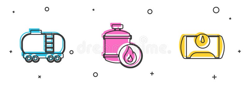 Set Oil railway cistern, Propane gas tank and Gas for vehicle icon. Vector stock illustration