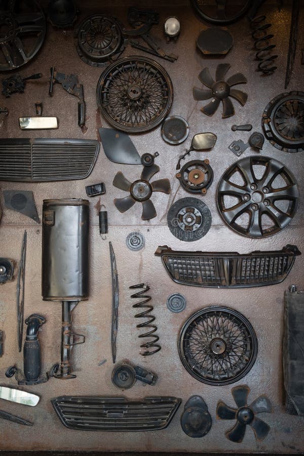 Old car parts on the wall stock photo. Image of parts 113036372