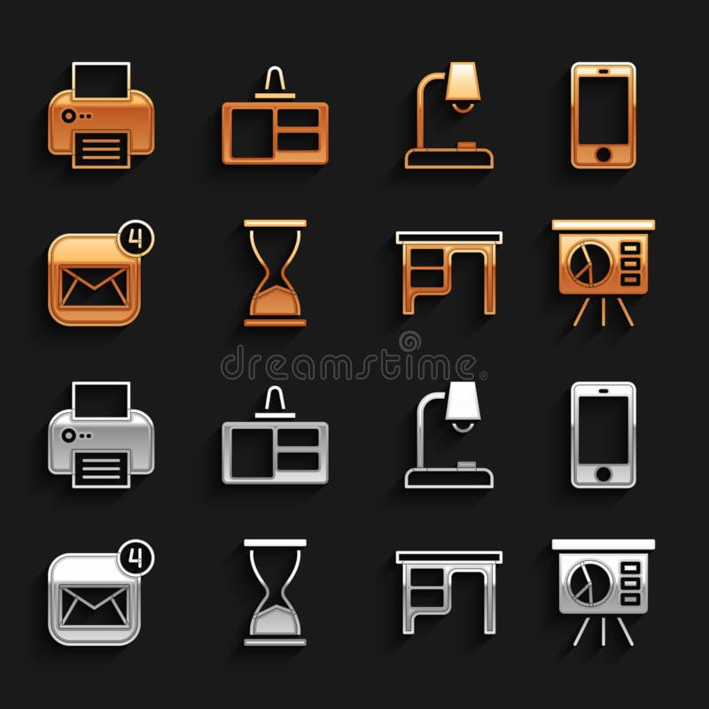 Set Old hourglass, Mobile phone, Board with graph, Office desk, Envelope, Table lamp, Printer and Identification badge royalty free illustration