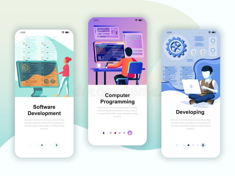 Set of onboarding screens user interface kit for Development, Programming, Developing, mobile app templates concept. Modern UX, UI screen for mobile or responsive web site. Vector illustration.