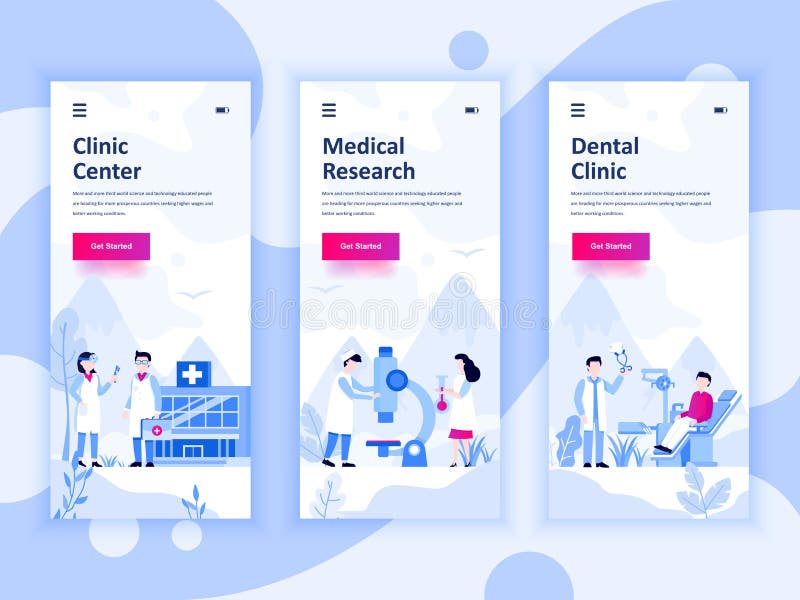 Set of onboarding screens user interface kit for Medicine, Research, Dental Clinic, mobile app templates concept stock illustration