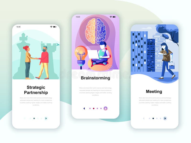Set of onboarding screens user interface kit for Partnership, Brainstorming, Meeting, mobile app templates concept. vector illustration