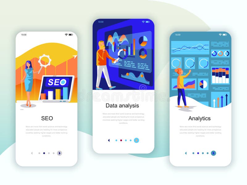 Set of onboarding screens user interface kit for SEO, Data Analysis, Analytics, mobile app templates concept. royalty free illustration