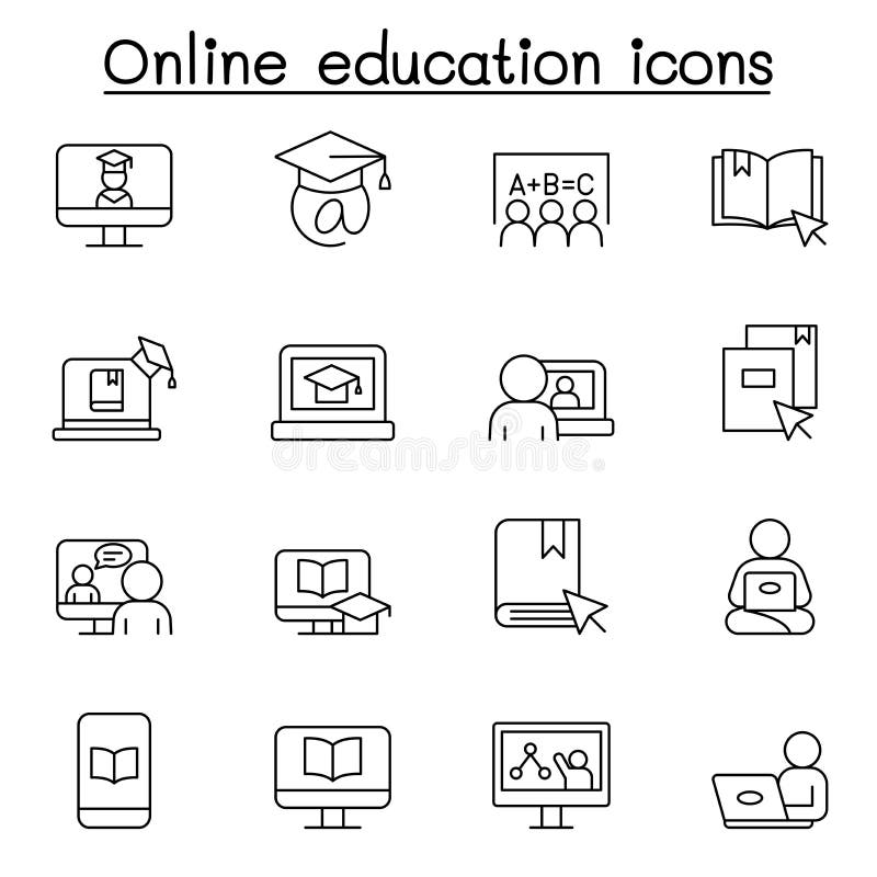 Set of Online Education Related Vector Line Icons. Contains such Icons as Learning from home, Video Tutorial, E-book, Online royalty free illustration.
