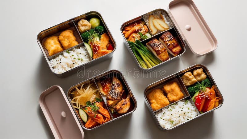 Set of open bento boxes with rice, fried meat and fish, salad and vegetables stock illustration