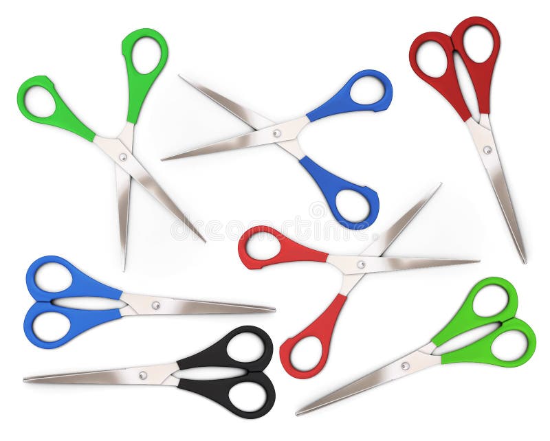 A set of open and closed colorful scissors on a white background