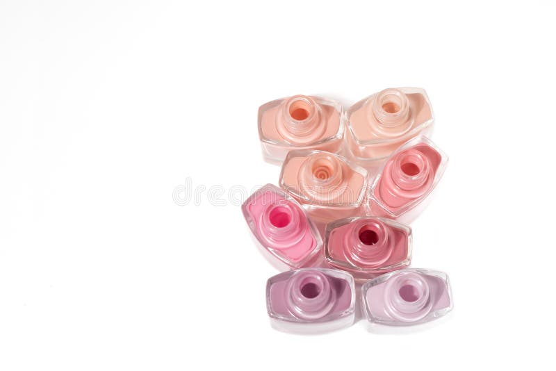 Set of Open Nail Polish Bottles Top View. Group of Nail Polish on