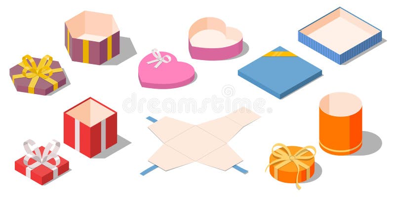 Set of Opened Different Presents and Gifts Boxes. Stock Vector