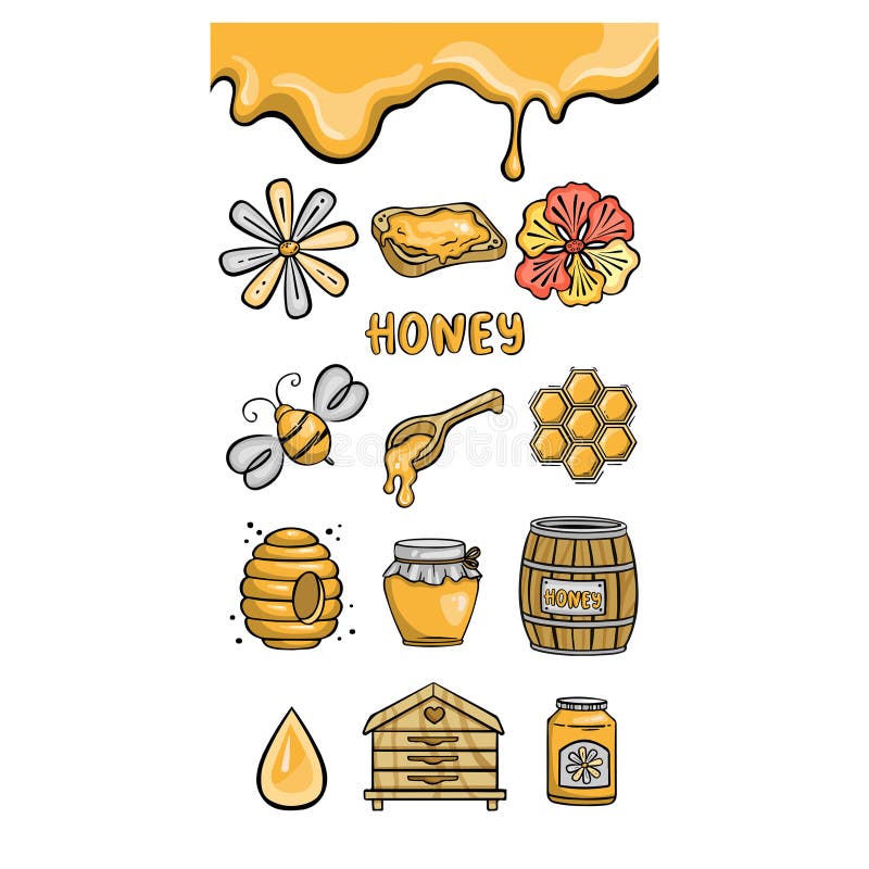 Set Orange with Honey, Flowers and Bees, Vector Stock Vector