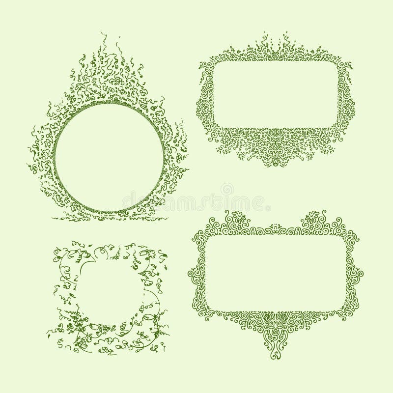 A set of ornaments of different shapes with space for text. The chaotic and dense filling form an abstract pattern. stock illustration A set of ornaments of different shapes with space for text. The chaotic and dense filling form an abstract pattern. stock illustration