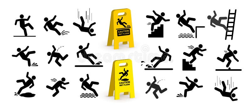 Set ostrożność symbole z kij postaci mężczyzna spadać Spada puszek schodki nad krawędzią i Mokra podłoga, ono potyka się na schod