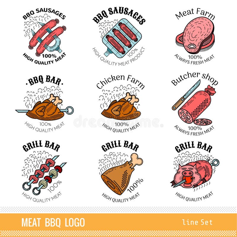 Set of outline color line logo. Labels for Meat farm, grill and BBQ bar, butcher shop isolated