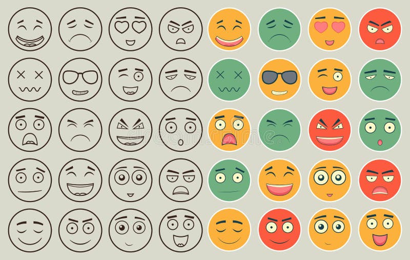 Set Of Outline And Colorful Emoticons, Emoji Isolated On White Background. Emoticon For Web Site, Chat, Sms Stock Vector - Illustration Of Happiness, Sadness: 78730060