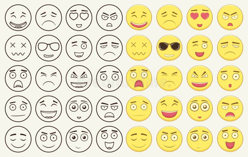 Set Of Outline And Colorful Emoticons, Emoji Isolated On White Background.  Emoticon For Web Site, Chat, Sms Stock Vector - Illustration Of Human,  Laugh: 78730272