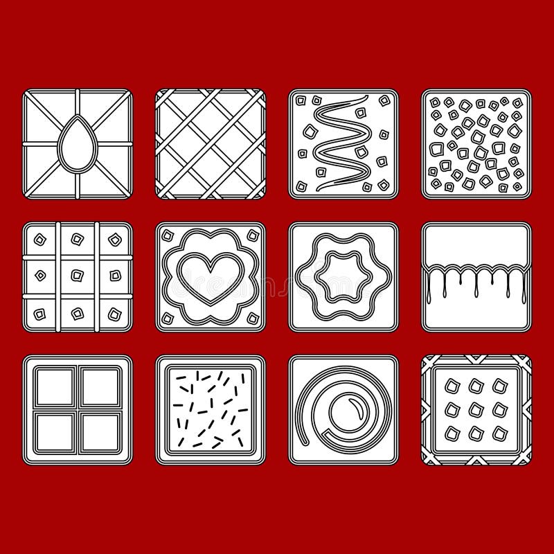 A set of outline icons square cookies and biscuits with different patterns, with filling various shapes. royalty free illustration A set of outline icons square cookies and biscuits with different patterns, with filling various shapes. royalty free illustration