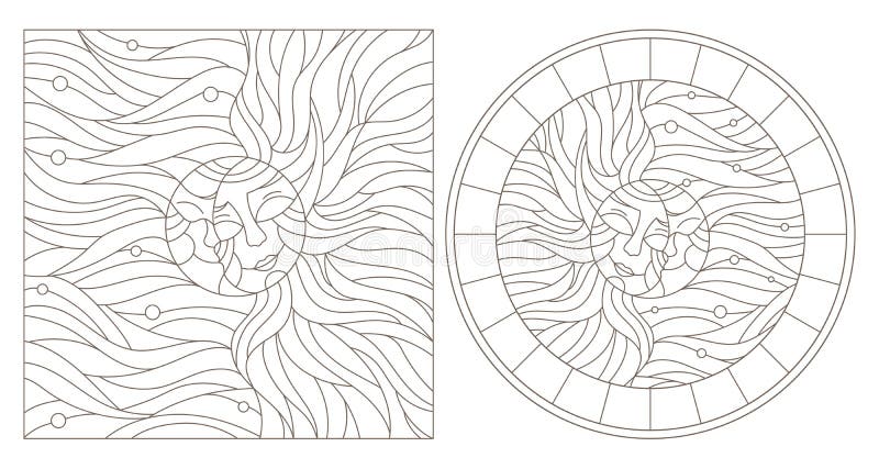 Contour set with illustrations of stained glass Windows with sun and moon on sky background, round and rectangular image royalty free illustration