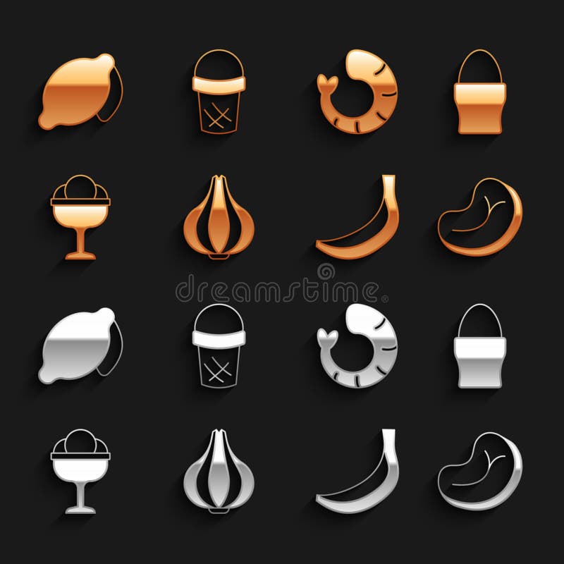 Set ouă de găină cu usturoi pe suport friptură carne înghețată cu banane în castron crevete cu lămâie și vafe. vector royalty free illustration
