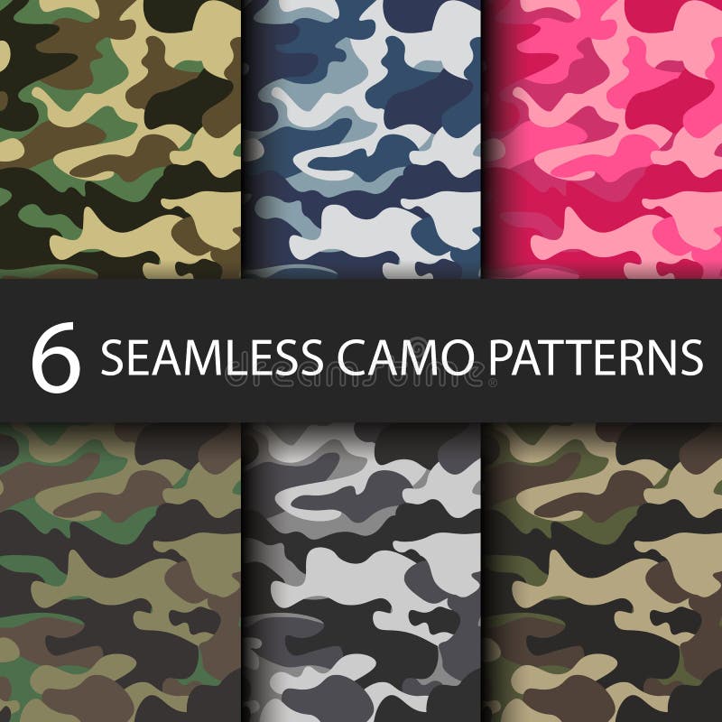 Set of 6 pack Camouflage seamless patterns background with black shadow. Classic clothing style masking camo repeat