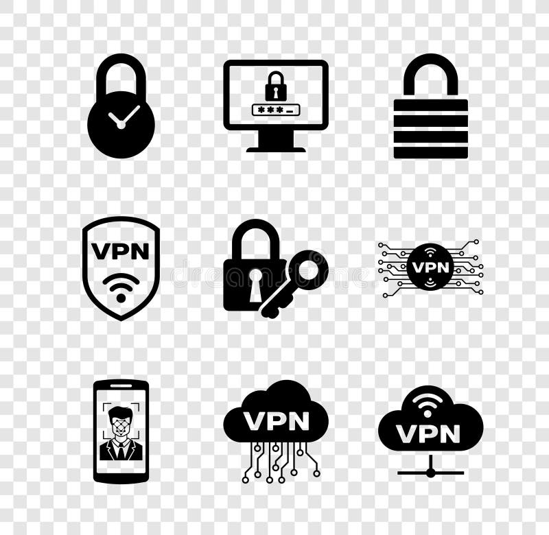 Set Padlock with clock, Monitor password, Lock, Mobile and face recognition, Cloud VPN interface and Network cloud vector illustration