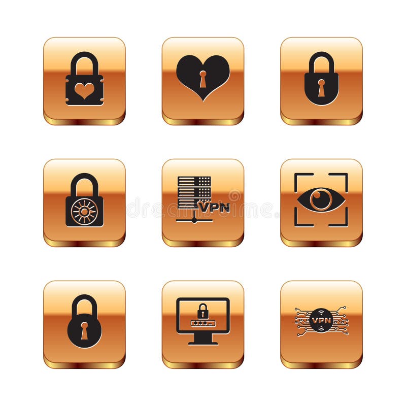 Set Padlock with heart, Lock, Monitor password, Server VPN, Safe combination wheel and icon. Vector royalty free illustration