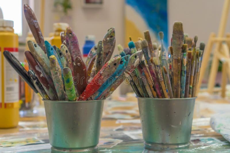 Set of Paintbrushes Multicolored on the Cup. Paint Brushes and Paints for Drawing Stock Image