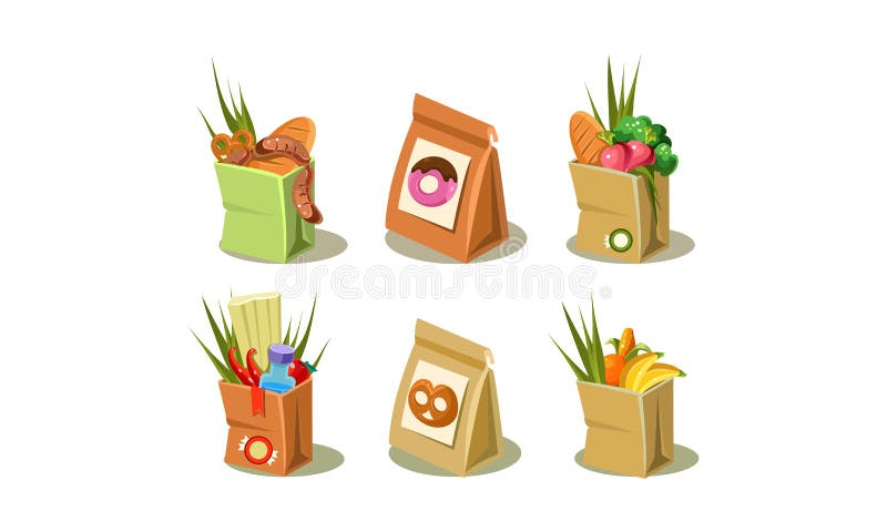 Set of paper bag with groceries. Packaging with donuts and pretzels. Colorful flat vector icons
