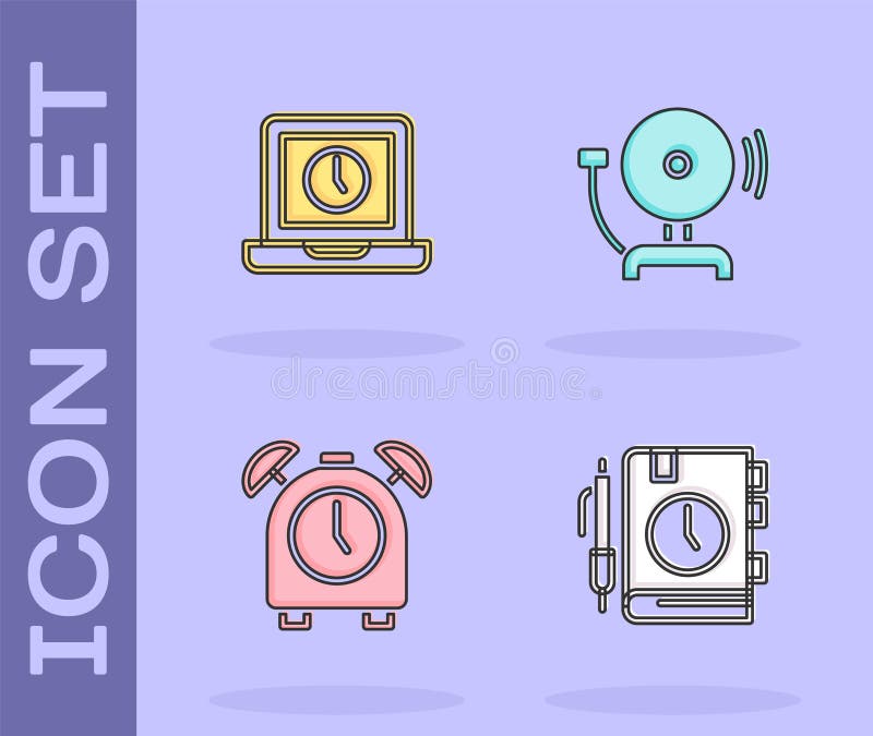 Set Daily paper notepad, Laptop time, Alarm clock and Ringing alarm bell icon. Vector stock illustration