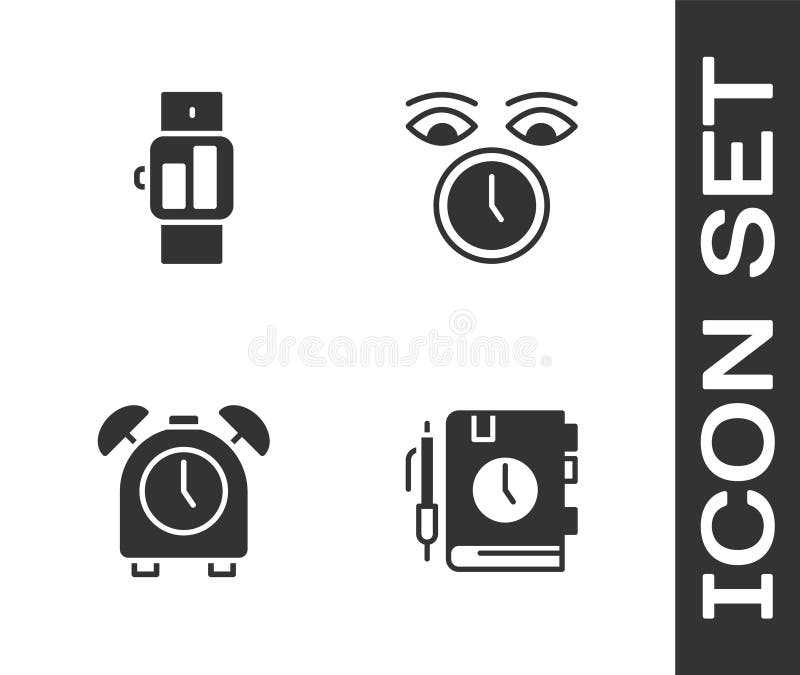 Set Daily paper notepad, Smartwatch, Alarm clock and Clock icon. Vector stock illustration