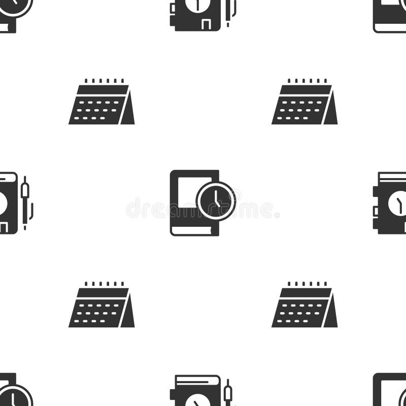 Set Daily paper notepad, Time for book and Calendar on seamless pattern. Vector royalty free illustration