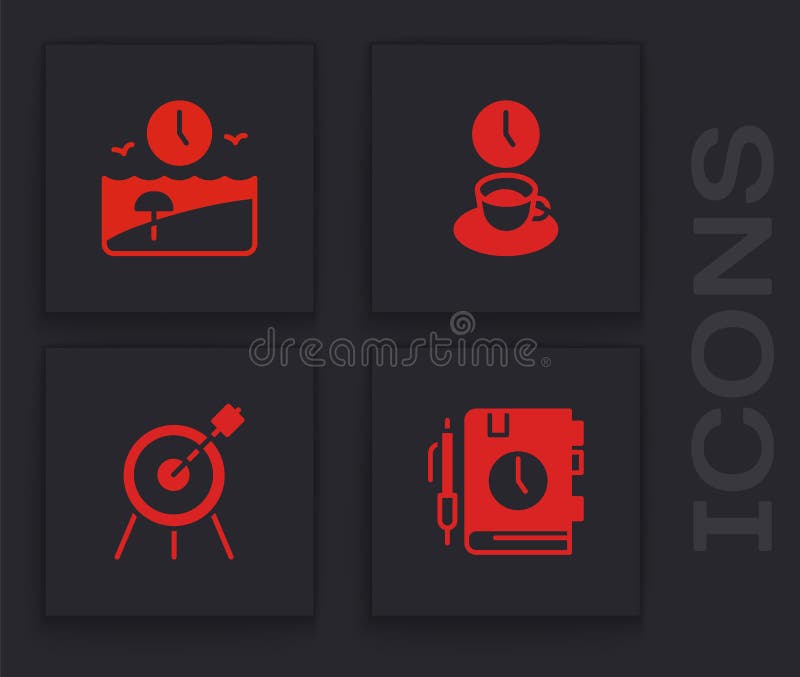 Set Daily paper notepad, Vacation time, Coffee and Target sport icon. Vector stock illustration