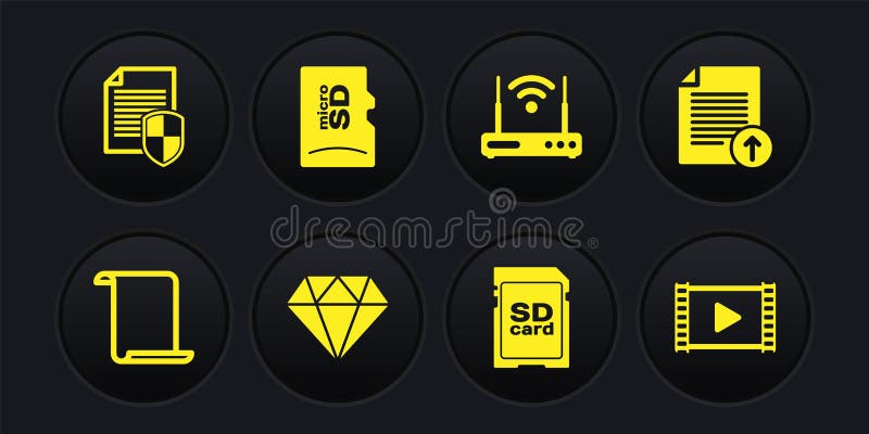 Set Paper scroll, Upload file, Diamond, SD card, Router and wi-fi and Micro memory icon. Vector royalty free illustration