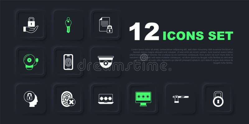 Set Parking car barrier, Lock, Mobile with fingerprint scanner, Monitor password, Ringing alarm bell, Cancelled, Key and vector illustration