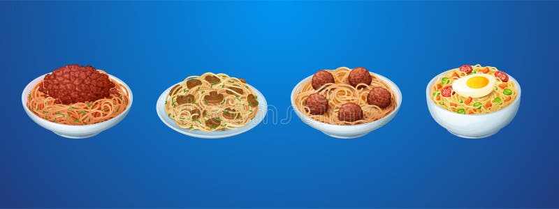 Set of pasta meals, restaurant or homemade noodles