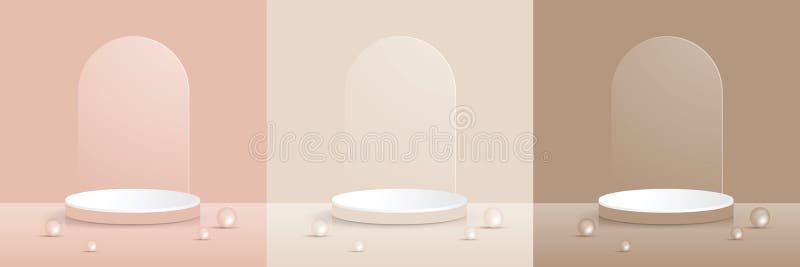 Set of pastel minimal scenery with geometrical forms. Cream, Rose, Sand and balls. background vector 3d render podium.