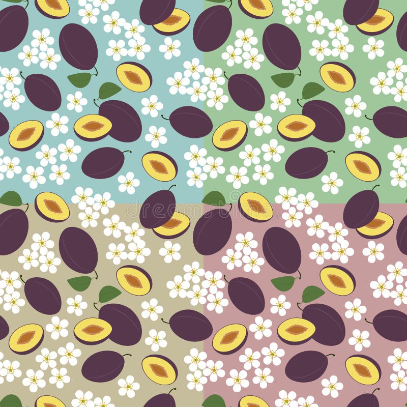 Set of 4 patterns with plums on multicolored background