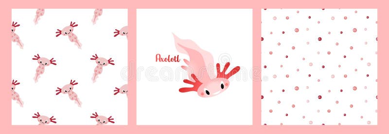 A set of patterns and posters with cute cartoon axolotls, aquatic animals, amphibians. stock illustration