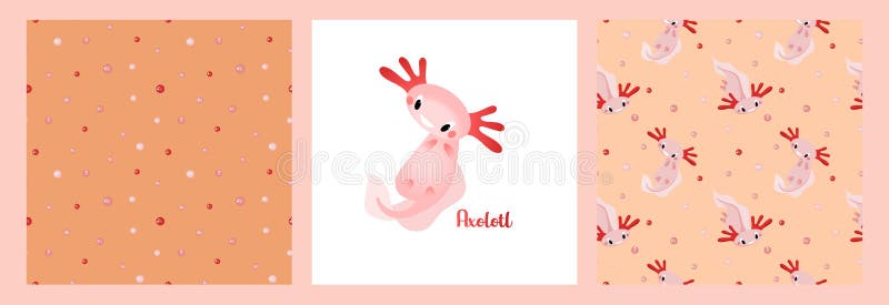 A set of patterns and posters with cute cartoon axolotls, aquatic animals, amphibians. vector illustration