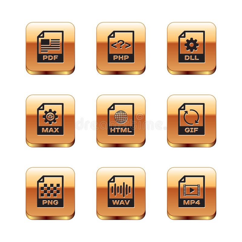 Set PDF file document, PNG, WAV, HTML, MAX and DLL icon. Vector