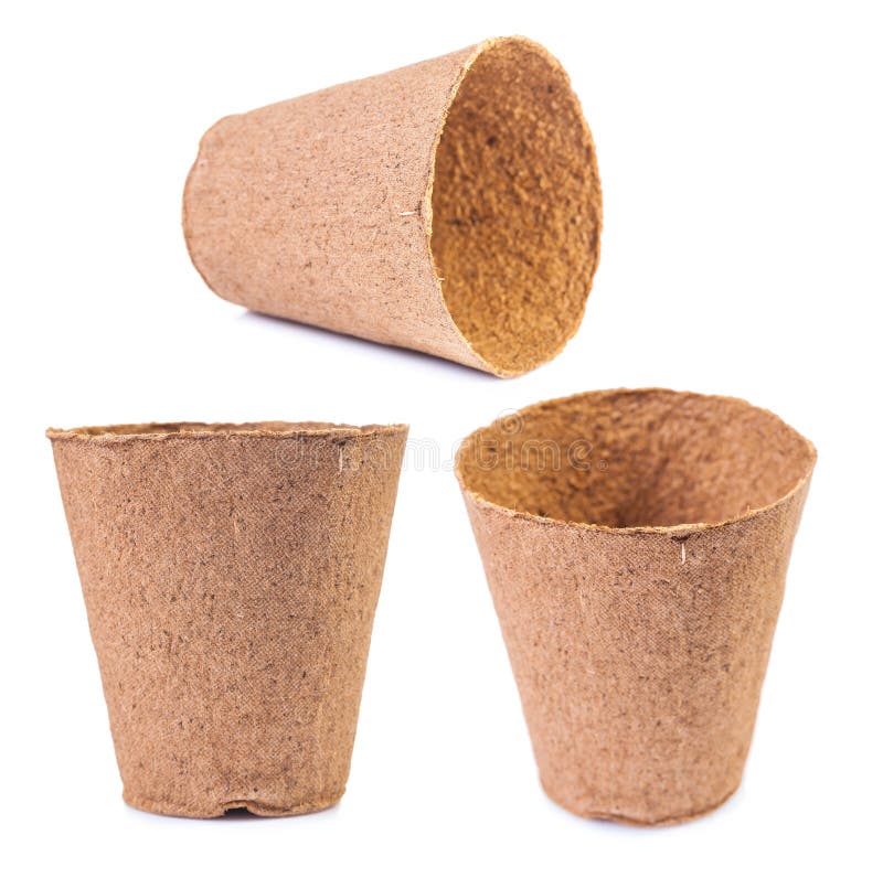 Set of peat pots in defferent foreshortenings isolated