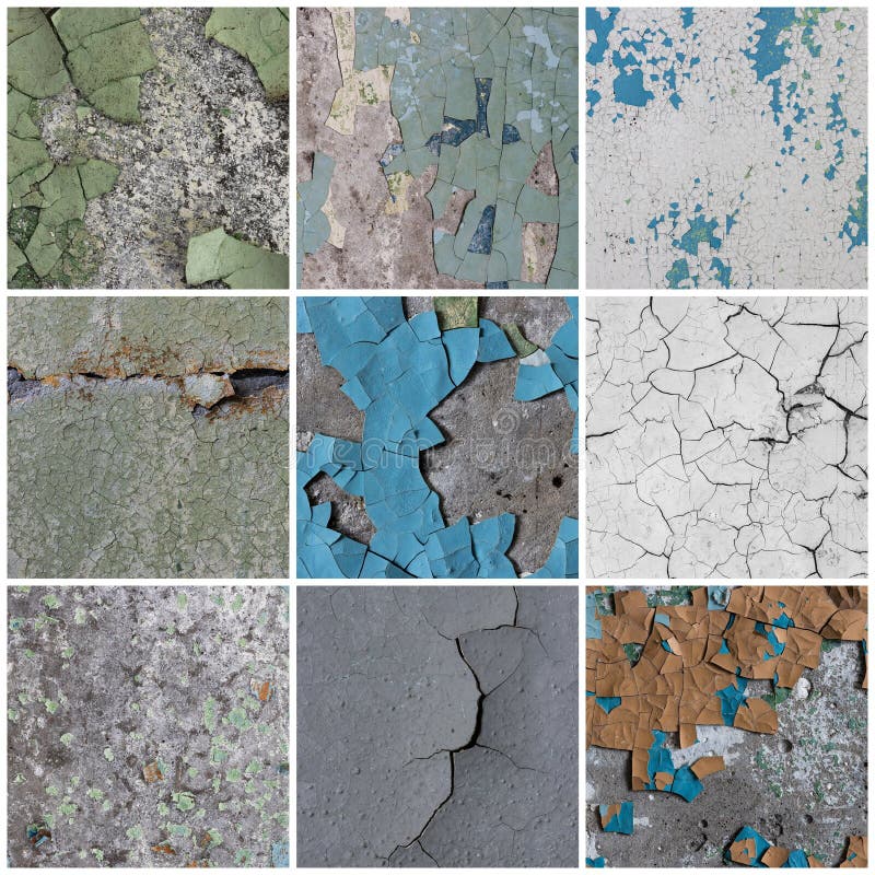 Set of Peeling Paint Textures. Old Concrete Walls with Cracked Flaking