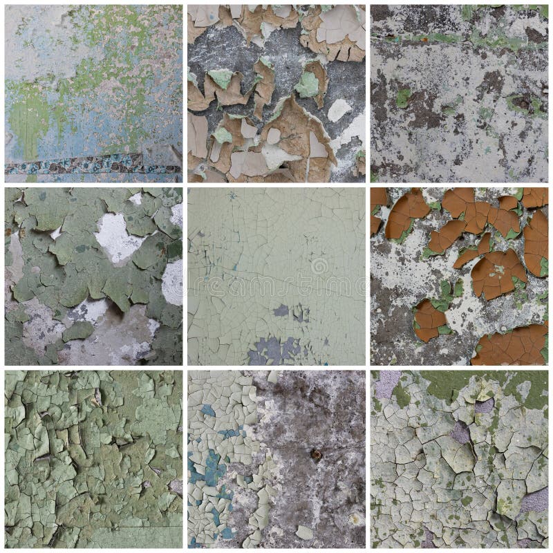 Set of Peeling Paint Textures. Old Concrete Walls with Cracked Flaking