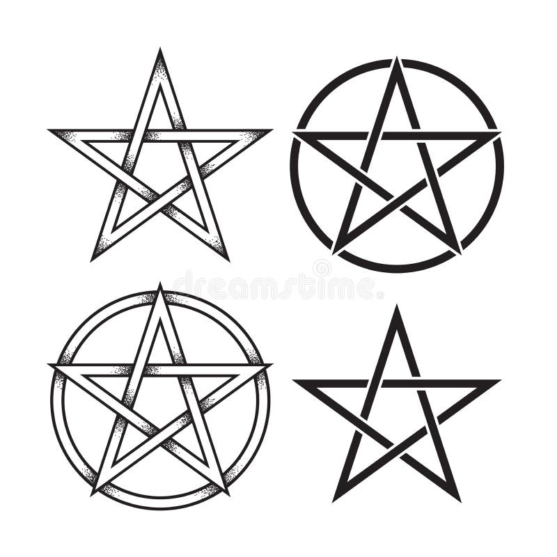 Set of pentagram or pentalpha or pentangle. Hand drawn dot work ancient pagan symbol of five-pointed star isolated vector illustra